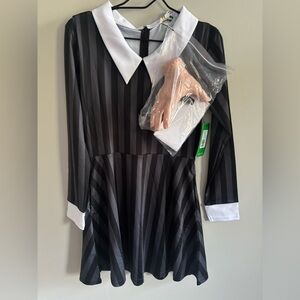 NWT Wednesday Addams Family Costume: Black & Gray Striped Collared Dress + Hand!